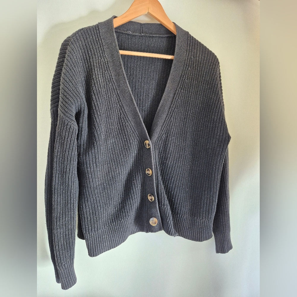 Cotton Blend Cardigan Rib Knit Black